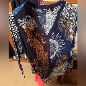 Desigual Impressions Navy and White Blouse with Gold Accents